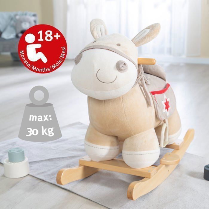 ROBA Âne à Bascule en Bois et Peluche avec Étriers Selle et