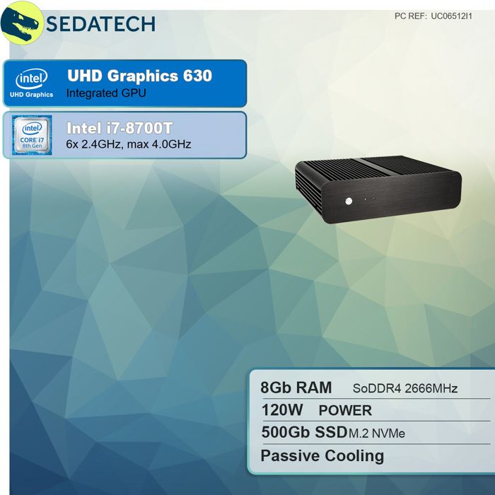 Mini PC Sedatech Mini-PC Evolution passif • Intel i7-8700T 6x 2.4Ghz •  Intel UHD Graphics 630 • 16Go RAM • 1To SSD M.2 • sans OS • Unité centrale