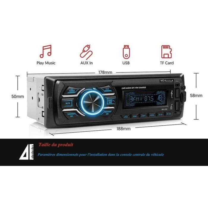 Tobetree 4 x 60W Autoradio Bluetooth Mains Libres,1 DIN FM Radio 12V Voiture  Récepteur avec Lecteur Poste Radio Voiture Remote Comma
