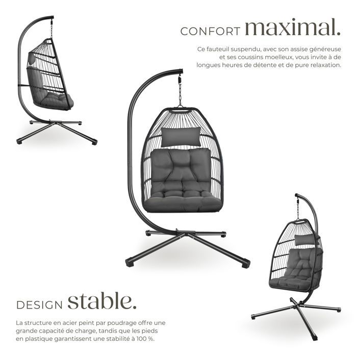 Fauteuil Suspendu En Rotin Synthétique Avec Coussins - Cadre Métal - Portée 180kg - Pour Jardin, Véranda