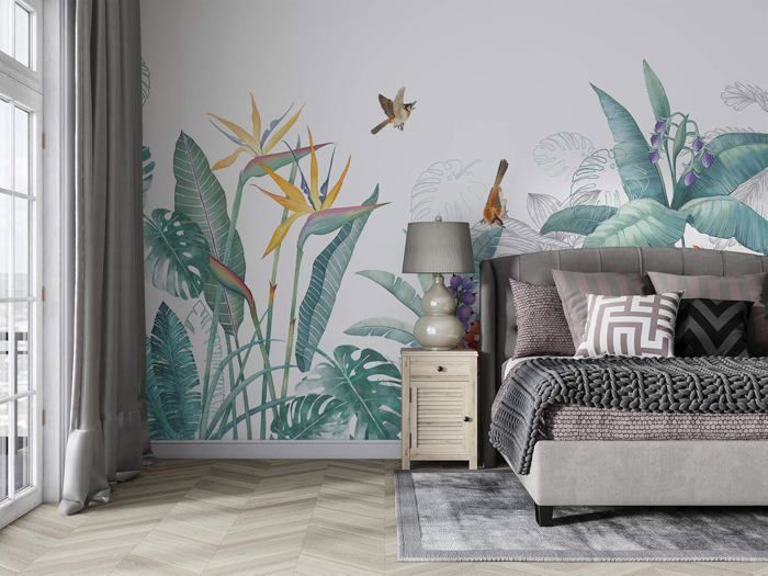 Papier Peint Panoramique jungle Soie, 400 x 280 cm Plantes tropicales ...