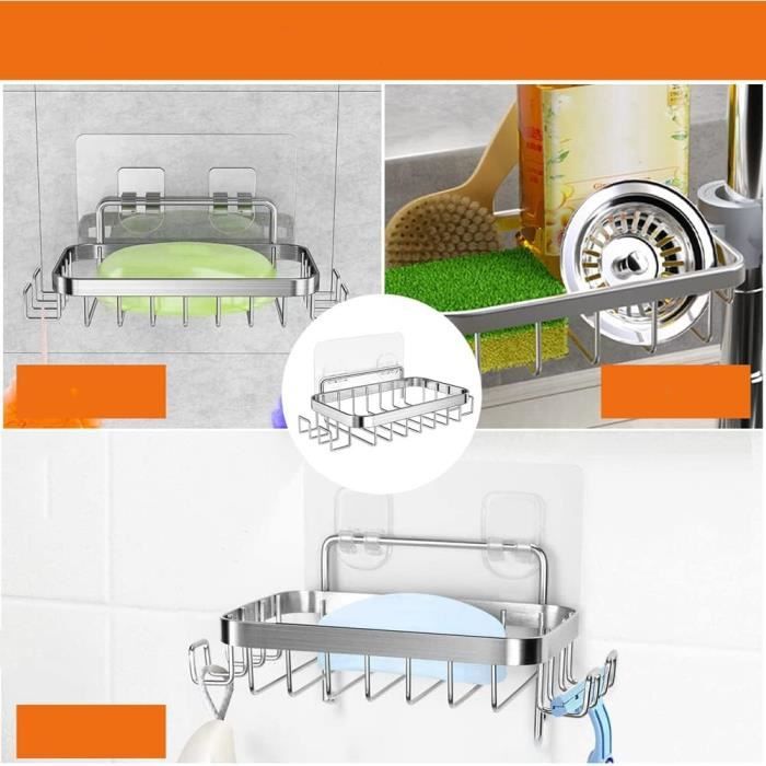 Porte Savon Mural Inox - Support Adhésif Avec 2 Crochets - Pour Salle De Bain & Cuisine - Économiseur D'Espace