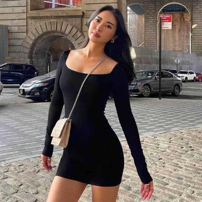 Robe Femme Sexy a Manches Longues Mini Robe Col U Robe Noir Casual Chic Elegante Moulante Robes Courte de Cocktail Noir Cdiscount Pret a Porter