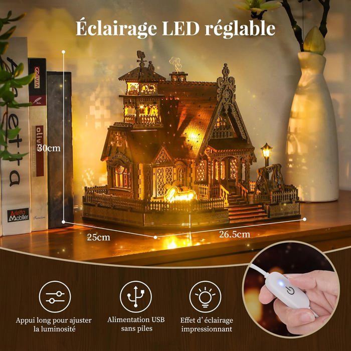 FUNPOLA Puzzle 3D LED Cottage Champêtre – 251 Pièces En Bois, 8-10h De Montage, Déco Maison