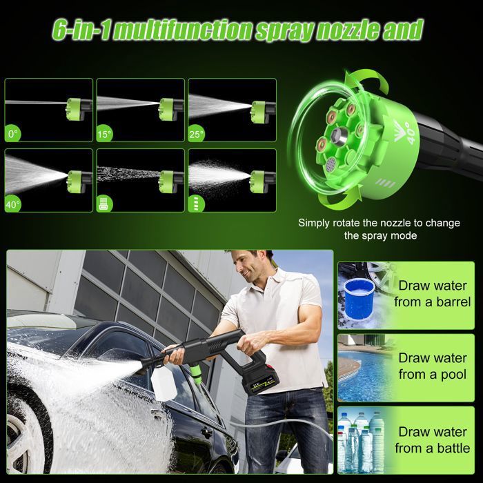 Nettoyeur Haute Pression Sans Fil Fexrror – 728 PSI, Buse 6 En 1, 2 Batteries 2000mAh – Pour Voiture, Jardin, Terrasse, Animaux