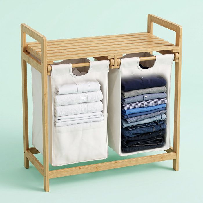 Relaxdays Panier à Linge Bambou 2 Compartiments 60 L – Coffre Linge Avec Surface Rangement & 2 Sacs Amovibles