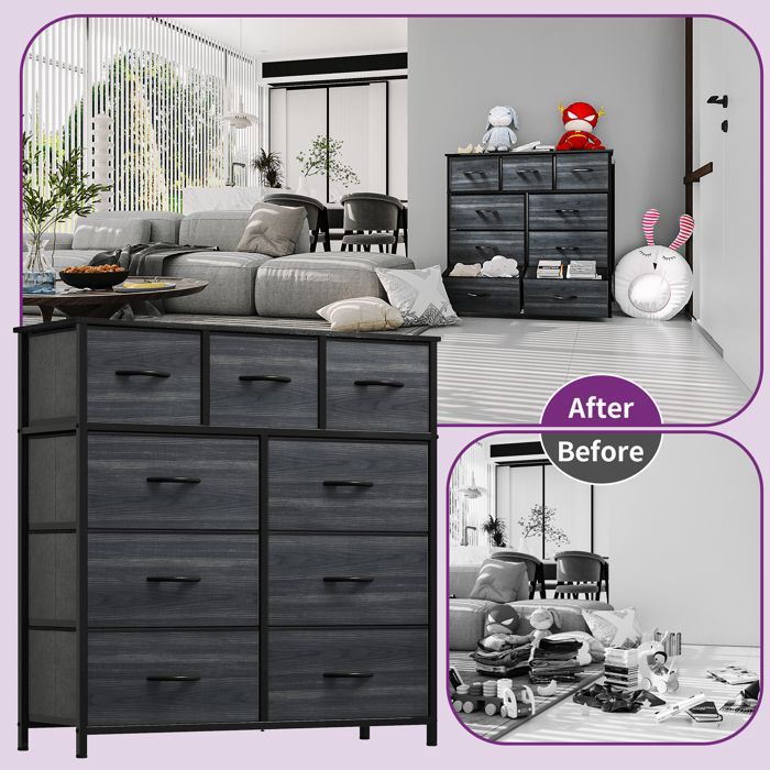 Commode 5 Tiroirs En Tissu YITAHOME - Dessus En Bois - Rangement Chambre, Salon, Enfant - Gris Profond