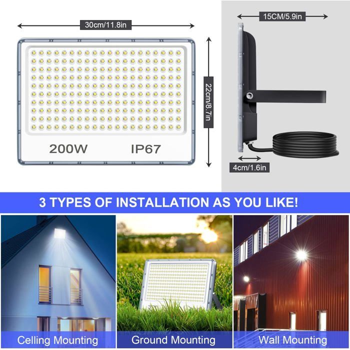 Lampe LED Extérieur Satkit 200W – 6500K Blanc Froid – Étanche – Neuve