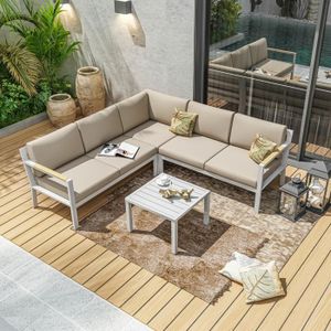 Salon bas de jardin Salon de jardin d'angle design en aluminium 5 places - blanc beige - PASSY