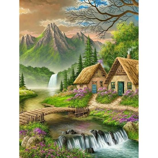 DCIDBEI 40x30CM 4 Lot Broderie Diamant Paysage Rural, DIY Rond Diamond Painting Maison en Bord de Mer, Loisirs Créatifs Adultes kit Tableau Diamant Océan Décoration Entrée Salon Chambre Bureau