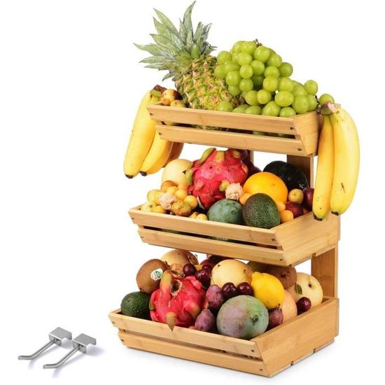VIIROUD Support De Corbeille à Fruits En Bois 3 Étages - Rangement Cuisine Bambou Pour Fruits Légumes Et Pain - 30x33x41cm