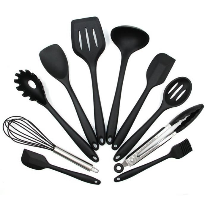 NOIR Lot de 10 Pcs Ensemble Ustensile de Cuisine en Silicone