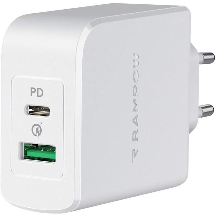 Chargeur USB 36W, Chargeur Secteur Mural 2 Ports USB C+USB A Power Delivery 3.0 & QC 3.0 pour iPhone 11-11 Pro - 11 Pro Max, iPad33