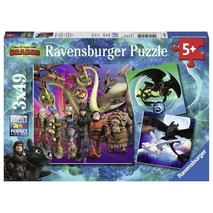 DRAGONS 3 Puzzles 3x49 pièces - Apprivoiser les dragons - Ravensburger - Lot de puzzles enfant - Dès 5 ans