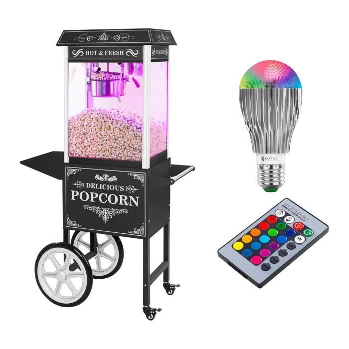 Set machine à popcorn Noire avec chariot + Ampoule Led avec télécommande Rétro 1600W 6 kg-h, 16 l-h RCPW-16.2