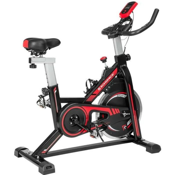 SONGMICS Vélo d'appartement, fitness à la maison, avec siège, guidon réglable, résistance, capteur, pédales, Noir et Rouge SEB617R01