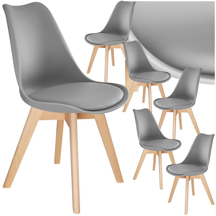 TECTAKE 6 Chaises de Salle à Manger Style Scandinave Pieds en Bois Massif Design Moderne Gris