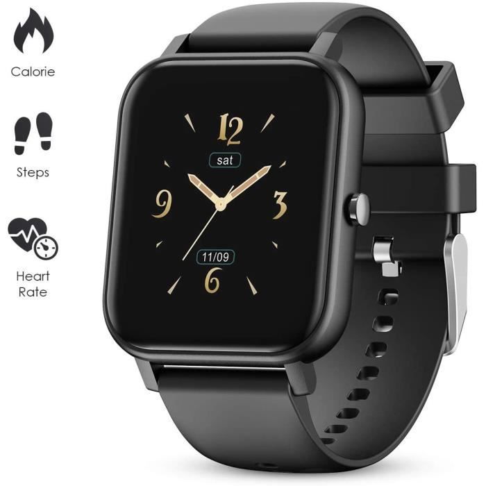 Montre Connectée Femmes Homme Montre Sport Avec Fréquence Cardiaque Étanche Fitness Tracker d'Activité pour iOS Android-Noir