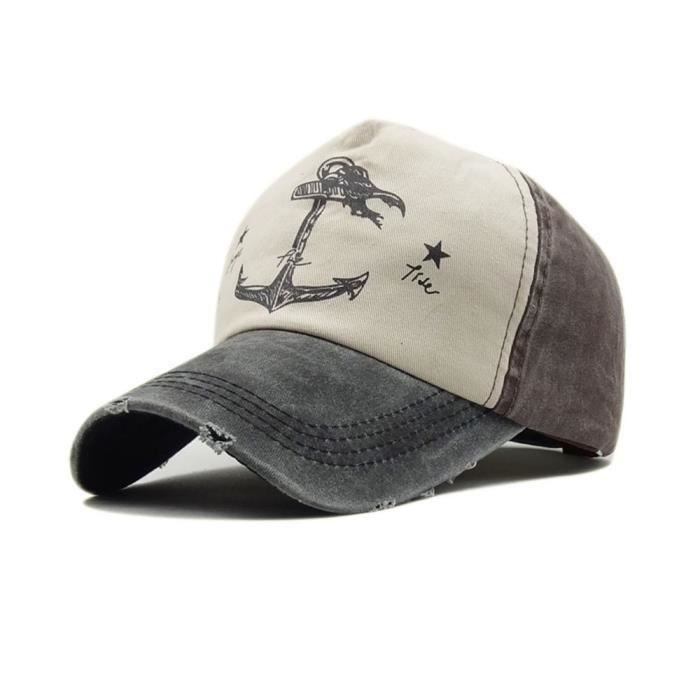 Casquette Adulte Homme-Femme Coton Abrasion Ancre Imprime Réglable Noir