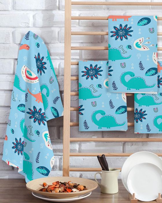 Lot De 6 Torchons De Cuisine Absorbants Motif Dinosaures - Bleu - Torchons Éponge Enfants Pour Vaisselle & Nettoyage
