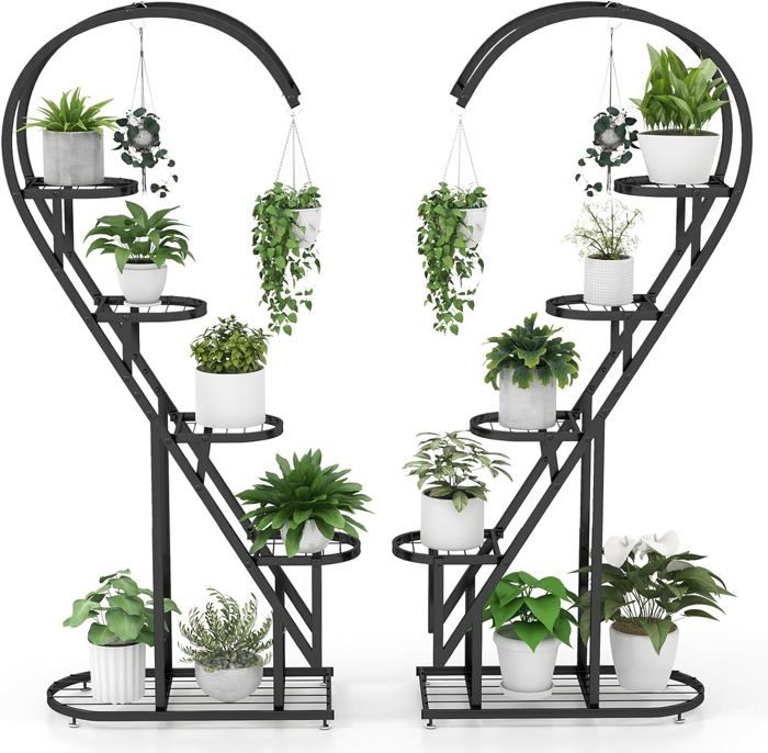 GOPLUS Support pour Plante à 5 Niveaux en Métal Étagère en Forme de Cœur avec 4 Crochets Plate-forme à Lattes Noir