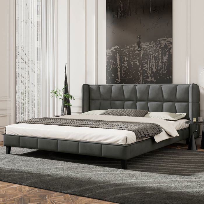 Lit adulte Lit rembourré avec cadre et tête de lit à lattes lit double velours gris Lit 180 x 200 cm
