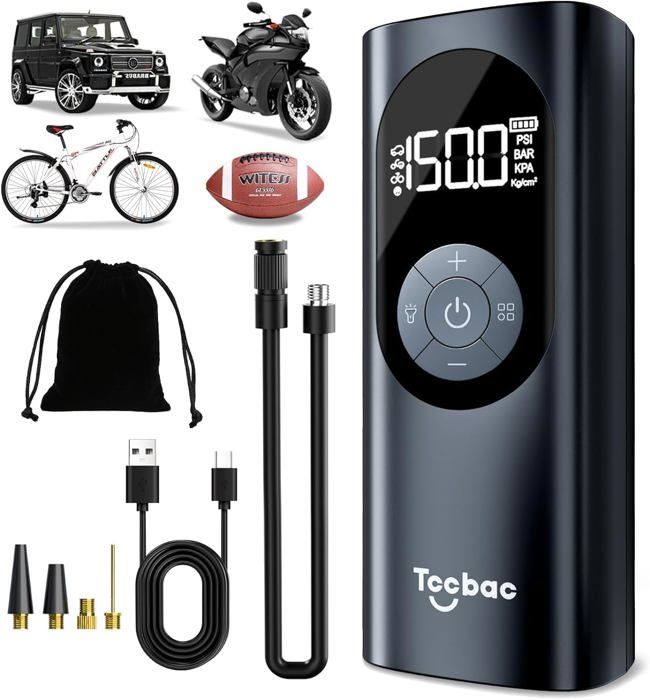 Compresseur Air Portable Sans Fil 150 PSI - Gonfleur Pneus Voiture, Vélo, Moto Avec écran LCD, Batterie Rechargeable Et Lampe LED
