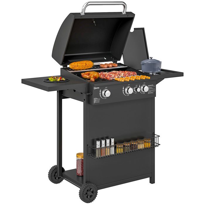 OUTSUNNY Barbecue gaz 3+1 br&ucirc;leurs avec couvercle 2 roues - 9,5 kW - 2 grilles chrom&eacute;es, &eacute;tag&egrave;res lat&eacute;rales, thermom&egrave;tre - noir