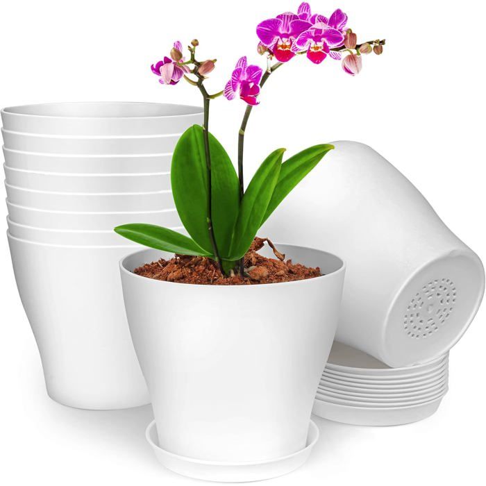(Lot de 10 Pot Plante Intérieur en Plastique Blanc - Pot de Fleur avec Soucoupe & Trous de Drainage de 13 5 cm - Pot De Fleur