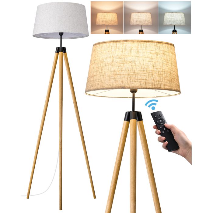 EDISHINE Lampadaire Salon Trépied en Bois Contrôle Télécommande & Pédale E27 Ampoule Dimmable 3000K - 6000K Abat-jour en Lin