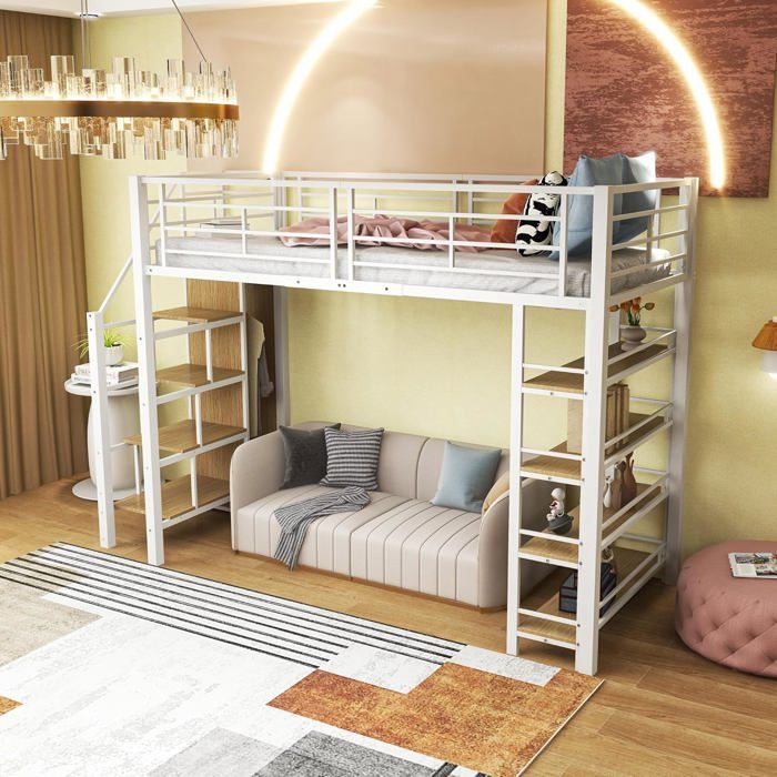 Lit Mezzanine Métal 90x200 Cm Pour Enfant Avec Barrière Sécurité, échelle, Table Et étagères - Blanc