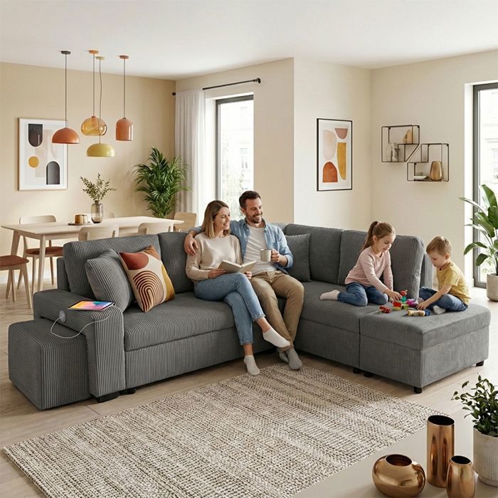 VEGA Canapé dangle reversible convertible Gris ANTHRACITE (velours côtelé ) - Taille L - 5 places - 258 x 157 x 83