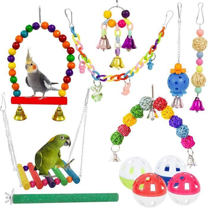 Ensemble de 12 Jouets à Mâcher pour Oiseaux - Balançoire Échelle et Cloche Suspendue pour Perroquets et Calopsites. YYV