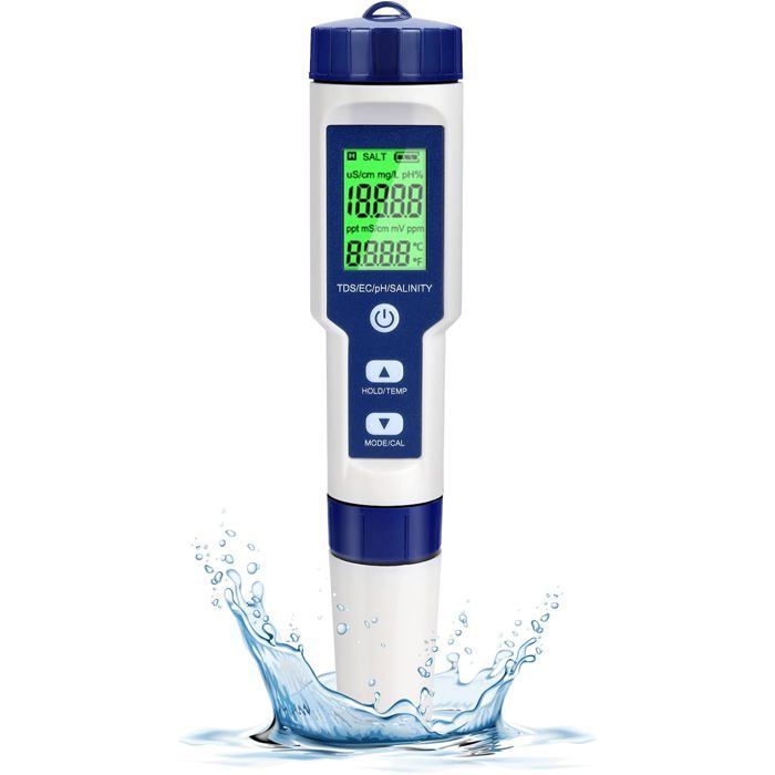 Testeur PH Electronique Testeur Eau Piscine 5 en 1 avec Rétro-éclairage PH/TDS/EC/Salinité/TempmèTre avec ATC ODIPIE