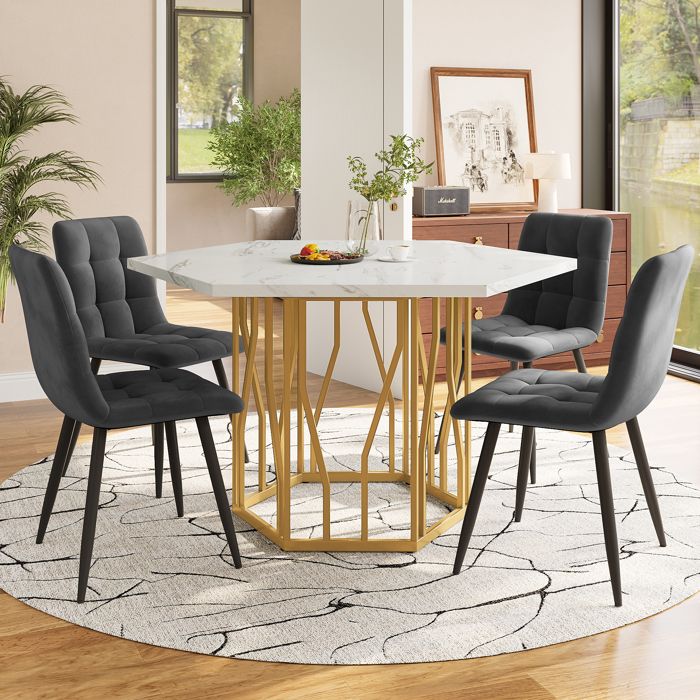 Table à manger et chaise (ensemble de 5 pièces) table à manger en marbre hexagonale moderne + 4 chaises à manger en velours gris po