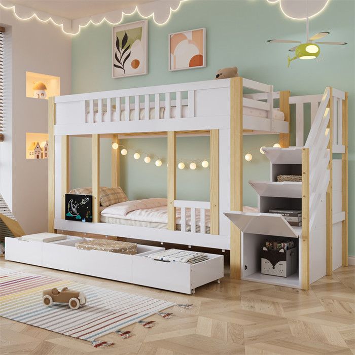 DRIPEX Lit superposé avec armoire sous escalier avec rangement Lit enfant avec 3 tiroirs petit tableau pour gribouiller 90x200cm
