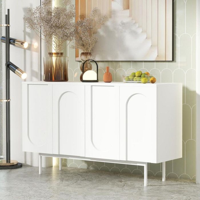 Buffet bas de cuisine minimaliste blanc pur avec 4 portes à motif arqué Buffet haut pour salle à manger et salon (blanc)