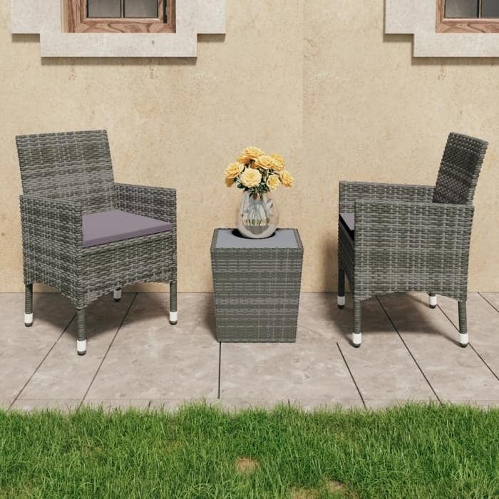 “RabaisEnsemble de bistro 3 pcs - Table de salon salle à manger + 2 Chaises de jardin - Résine tressée et verre trempé Gris SOLO444