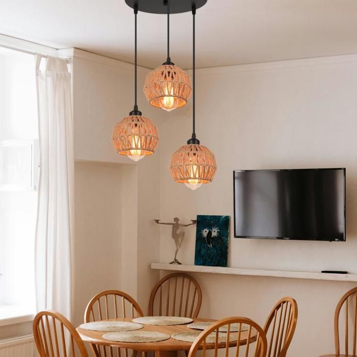 WOTTES 3 Lampes Suspension Luminaire Vintage Disque Lustre Industriel en Corde de Chanvre et Métal Ø16cm Abat-jour Éclairage Salon