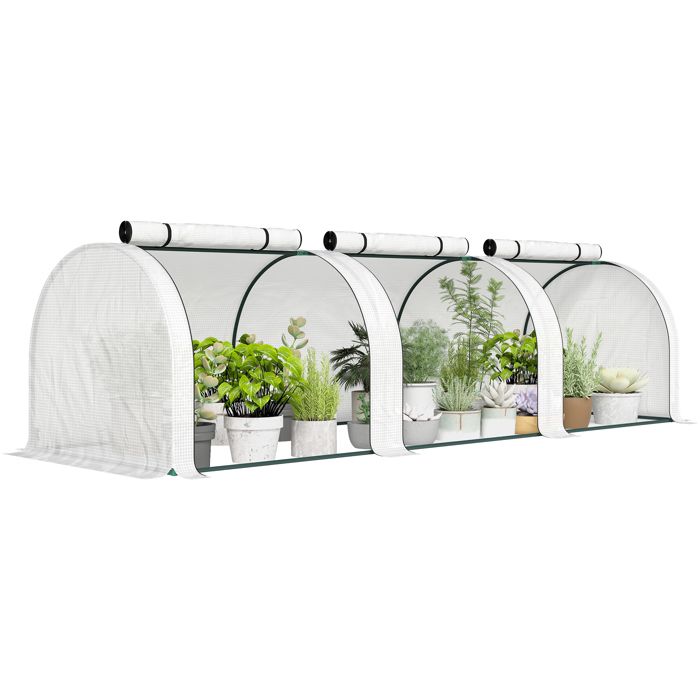 Mini Serre de Jardin tunnel - Outsunny - 3 x 1 x 08 m - Acier PE Haute densité 140 g/m² - 3 portes nroulables - Blanc