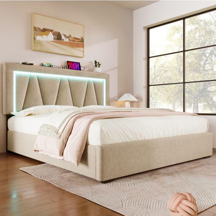 MODENUIT Lit coffre 160x200 cm avec éclairage LED et tête réglable station de charge USB Type C lin beige (Sans matelas)