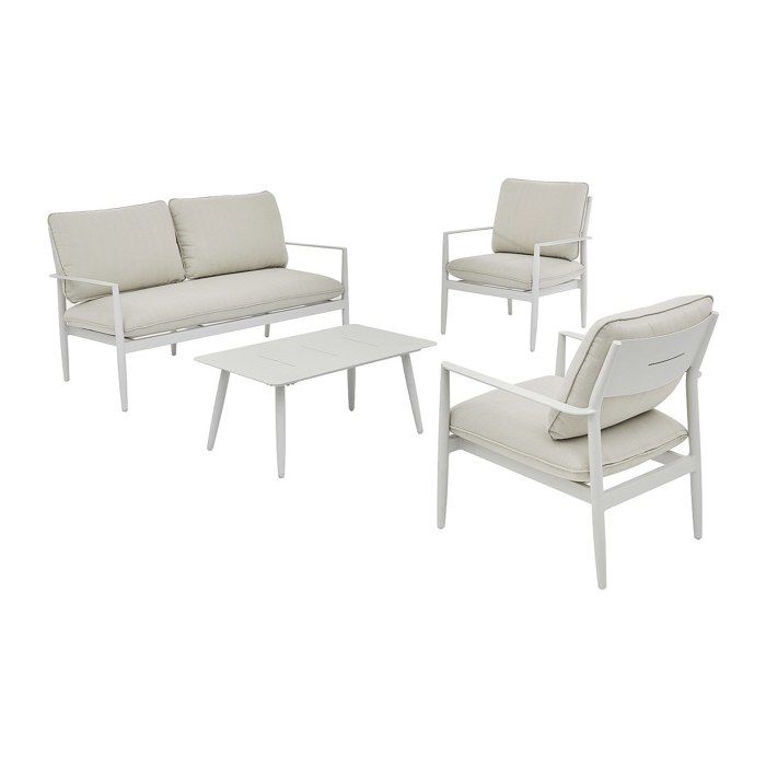Salon de jardin en aluminium : un canapé 2 places 2 fauteuils et une table basse - Blanc avec coussins beiges - TAVINYA de MYLIA