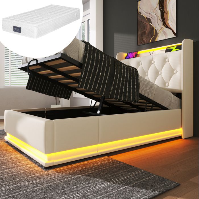 Lit coffre hydraulique 90x200 cm rembourré. LED. USB Type-C. PU. blanc. matelas inclus