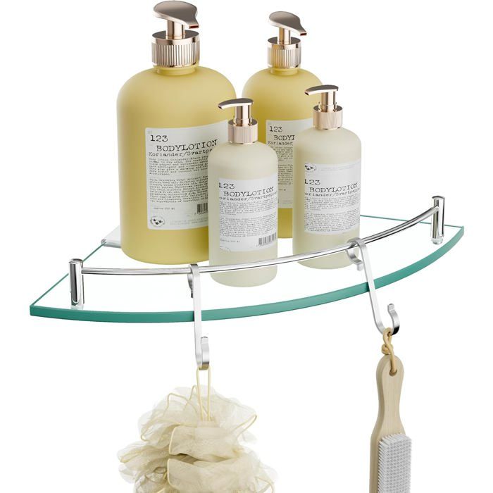Étagère d’angle en verre trempé avec porte-serviette acier inoxydable poli pour salle de bain/douche. Label