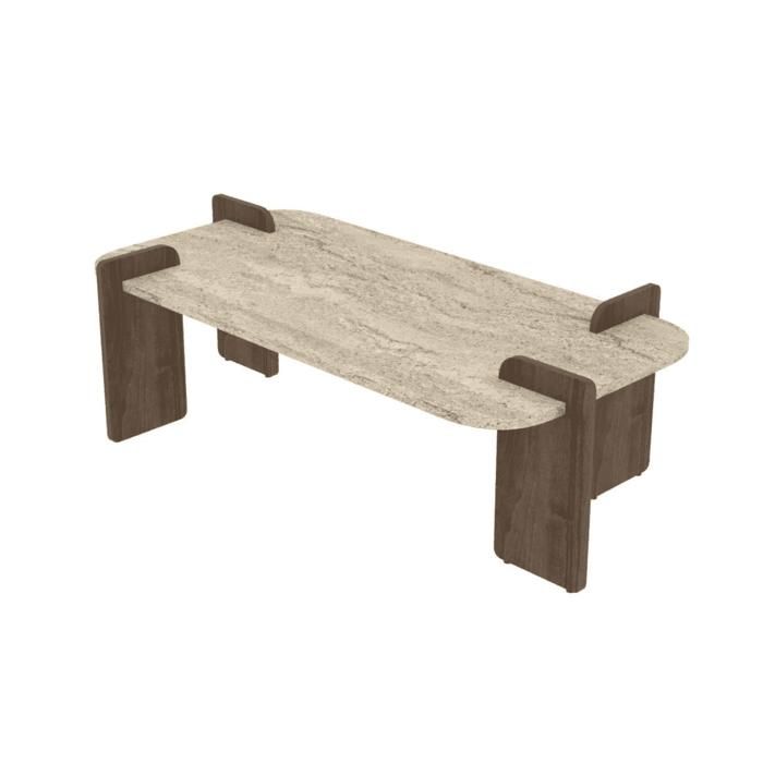 CALICOSY - Table basse rectangulaire avec bords arrondis L120 cm ELIA - Travertin/ Noyer