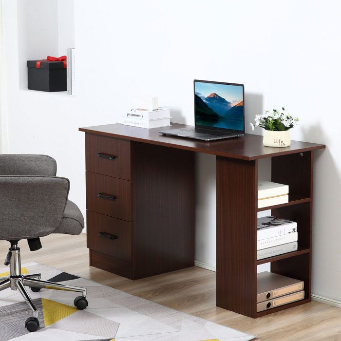 Bureau dordinateur - AKOZON - 12721 - Réversible gauche/droite - 3 tiroirs - 3 étagères - Noyer