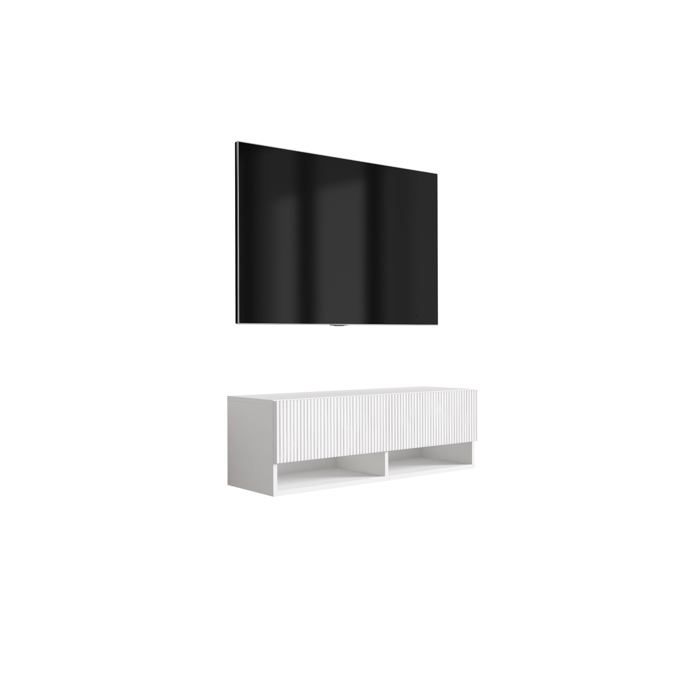 Meuble TV mural - Façade rainurée - Blanc mat - 100 x 32 x 33 6 cm - Étagère + placard