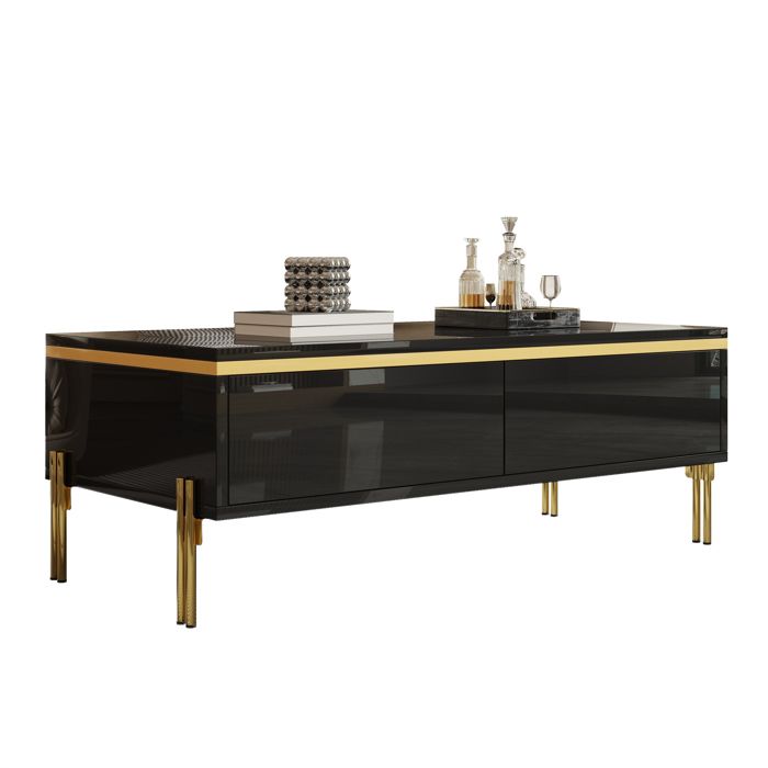 Table basse moderne - 100x50x36 cm - Noir - Panneau de particules haute brillance - Tiroirs double face - Pieds en métal