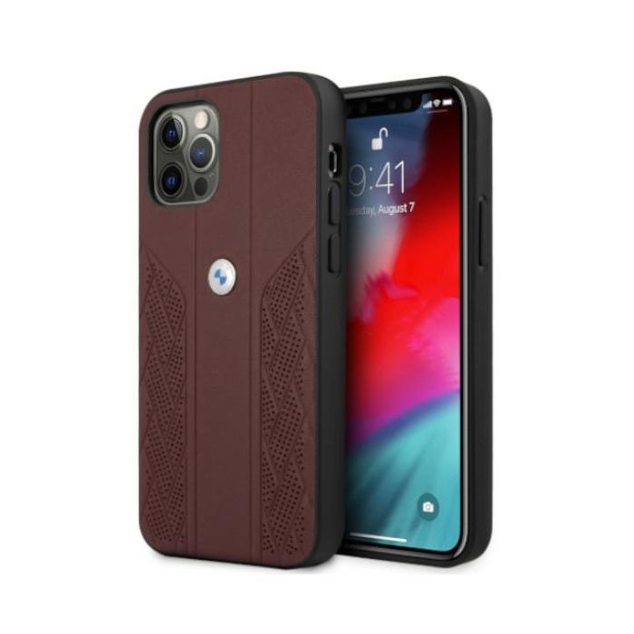 Coque rigide - BMW - iPhone 12 - Cuir perforé - Rouge - Protection renforcée