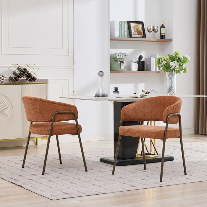 Lot de 2 Chaises de Salle à Manger Chaise de Cuisine Chaise Salon en Chenille Rembourrée Pieds en Métal Orange